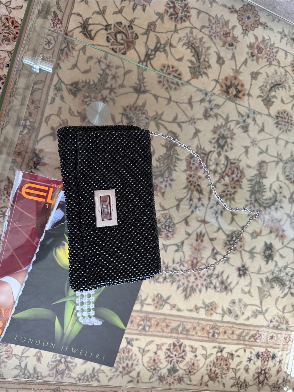 Whiting & Davis Black Beaded Evening Clutch with Silver Hardware